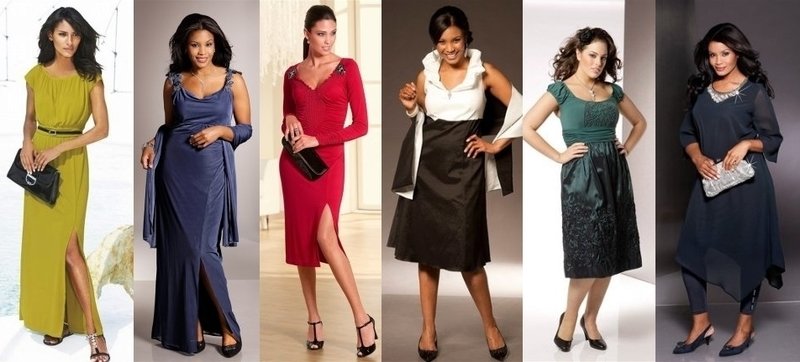 Различные фасоны и цвета платьев для женщин с разной фигурой.