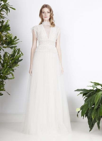 Свадебное платье в пол легкое с воротничком из кружева 9877. Силуэт А-силуэт. Цвет Белый / Молочный. Вид 1