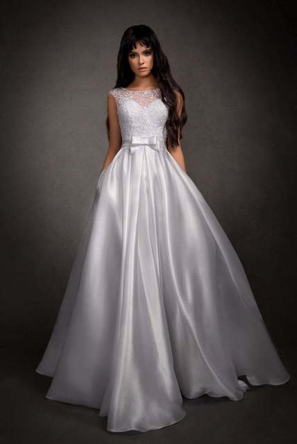 Свадебное платье Роксана. Силуэт А-силуэт. Цвет Белый / Молочный, Пепельный / Металлик. Вид 1