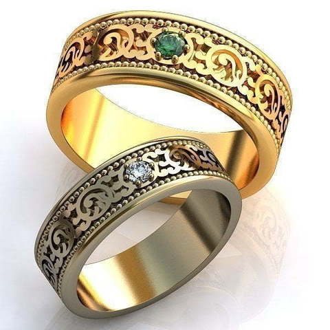 Узорчатые обручальные кольца с изумрудом AOG-obr-235 из Желтое золото от Ювелирный салон Art of glow 1