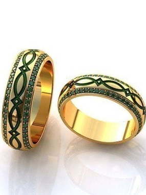 Обручальные кольца с изумрудами и зеленой эмалью R-KO-1083 из Желтое золото от Ювелирный салон Art of glow 1