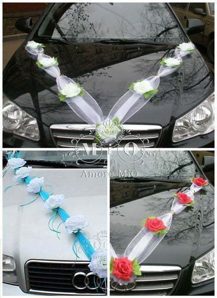 Лента на авто Цветы + розы на ручки машины от Свадебный салон Amore Mio 1