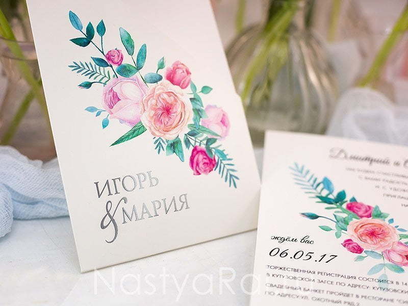 Прямоугольные / Квадратные Приглашение - кармашек с пионовидными розами от  3