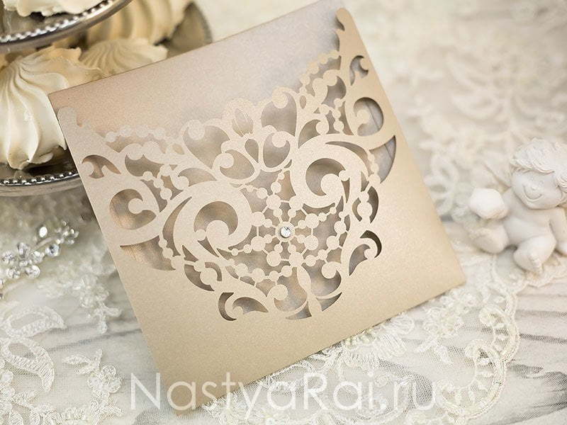Прямоугольные / Квадратные Пригласительное Ажурный кармашек, бежевое от  3