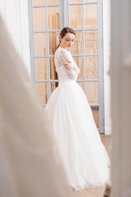 Свадебное платье LS019. Силуэт А-силуэт. Цвет Айвори / Капучино. Вид 4