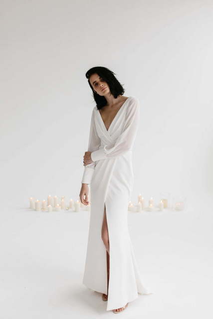 Стильное свадебное платье с рукавом без декора на роспись 8763. Силуэт Прямое. Цвет Белый / Молочный. Вид 4