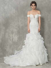 Платье рыбка с волнистой юбкой и вырезом лодочка Liana. Силуэт Рыбка. Цвет Белый / Молочный. Вид 1