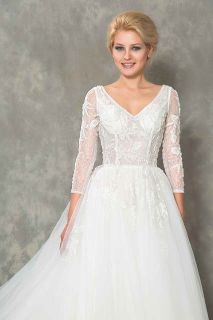 Cвадебное платье с длинным рукавом расшитое стеклярусом Unica. Силуэт Пышное. Цвет Белый / Молочный. Вид 2