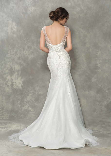 Свадебное платье рыбка расшитая бисером и стеклярусом Iris. Силуэт Рыбка. Цвет Белый / Молочный. Вид 3