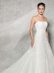 Свадебное платье с цельной юбкой А-силуэт 7031. Силуэт А-силуэт. Цвет Белый / Молочный. Вид 1