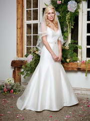 Атласное прямое свадебное платье в пол 7879. Силуэт Прямое. Цвет Белый / Молочный. Вид 1