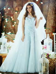 Голубое пышное свадебное платье из фатина 7412. Силуэт Пышное. Цвет Голубой / Синий. Вид 2