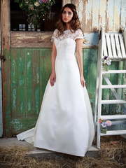 Свадебное платье А-силуэта из атласа с кружевным верхом 5642. Силуэт А-силуэт. Цвет Белый / Молочный. Вид 2