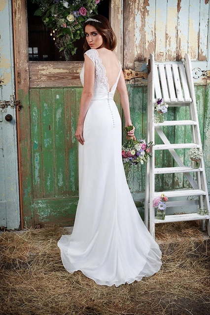 Шифоновое свадебное платье прямого кроя с кружевом 7412. Силуэт Прямое. Цвет Белый / Молочный. Вид 4