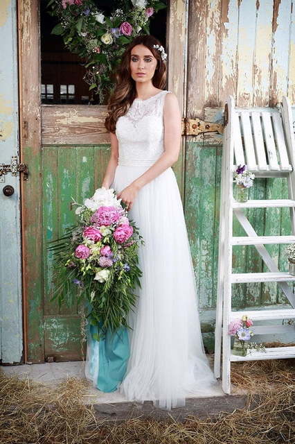 Шифоновое платье для свадьбы на море 7851. Силуэт А-силуэт. Цвет Белый / Молочный. Вид 3