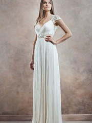 Греческое платье на свадьбу с шифоновой юбкой 9879. Силуэт Греческий. Цвет Белый / Молочный. Вид 1