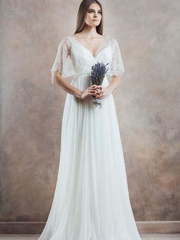 Свадебное платье в стиле прованс с летящим рукавом 5434. Силуэт А-силуэт. Цвет Белый / Молочный. Вид 2