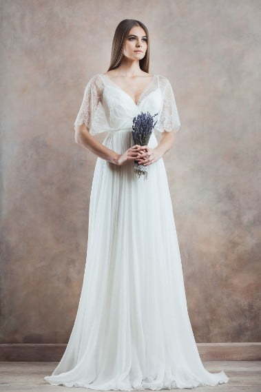 Свадебное платье в стиле прованс с летящим рукавом 5434. Силуэт А-силуэт. Цвет Белый / Молочный. Вид 2