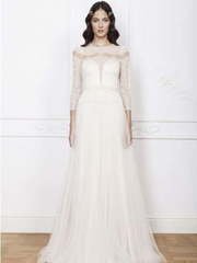 Свадебное платье с длинным рукавом из кружева 9933. Силуэт А-силуэт. Цвет Белый / Молочный. Вид 1