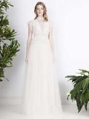 Свадебное платье в пол легкое с воротничком из кружева 9877. Силуэт А-силуэт. Цвет Белый / Молочный. Вид 1