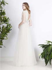 Свадебное платье в пол легкое с воротничком из кружева 9877. Силуэт А-силуэт. Цвет Белый / Молочный. Вид 2