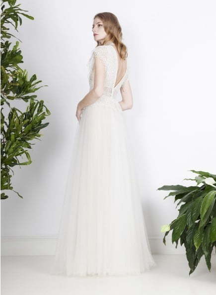 Свадебное платье в пол легкое с воротничком из кружева 9877. Силуэт А-силуэт. Цвет Белый / Молочный. Вид 2