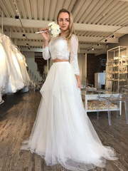 Свадебный комплект топ с рукавом и юбка Goldy Set. Силуэт А-силуэт. Цвет Белый / Молочный. Вид 2