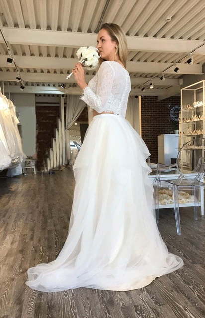 Свадебный комплект топ с рукавом и юбка Goldy Set. Силуэт А-силуэт. Цвет Белый / Молочный. Вид 3