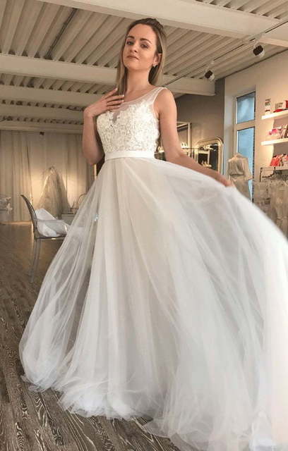 Легкое свадебное платье на нюдовой основе Marulla. Силуэт А-силуэт. Цвет Айвори / Капучино, Белый / Молочный. Вид 2