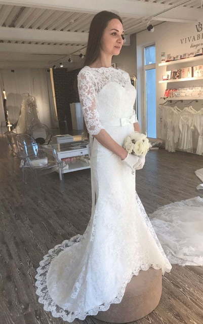 Прямое кружевное свадебное платье с рукавом Natali. Силуэт Прямое. Цвет Белый / Молочный. Вид 2