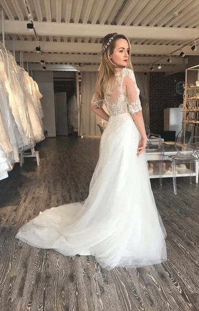 Легкое свадебное платье шампань с американским кружевом Pettunia. Силуэт А-силуэт. Цвет Айвори / Капучино. Вид 4