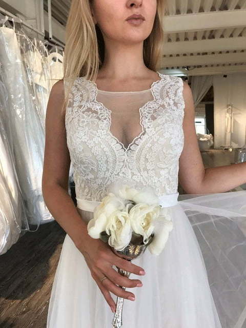 Воздушное фатиновое свадебное платье айвори Romano. Силуэт А-силуэт. Цвет Белый / Молочный. Вид 3