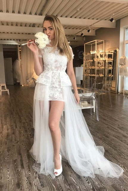 Свадебное платье короткое впереди и сзади со шлейфом Vegas. Силуэт Прямое. Цвет Белый / Молочный. Вид 3