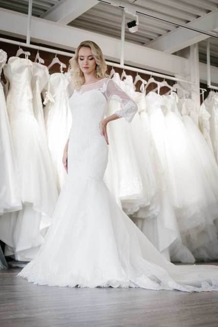 Кружевное платье русалка рыбка с рукавом 3/4 Balerina. Силуэт Рыбка. Цвет Белый / Молочный. Вид 6