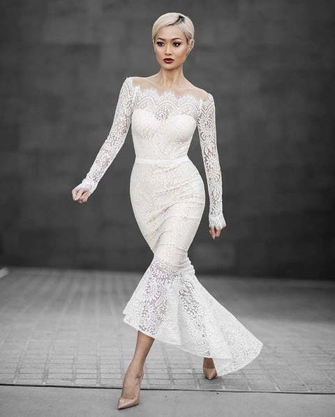 Короткое свадебное платье миди из кружева Mica. Силуэт Рыбка. Цвет Белый / Молочный. Вид 2