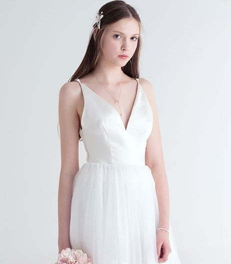 Свадебное платье миди юбка ниже колена. Силуэт А-силуэт. Цвет Белый / Молочный. Вид 3