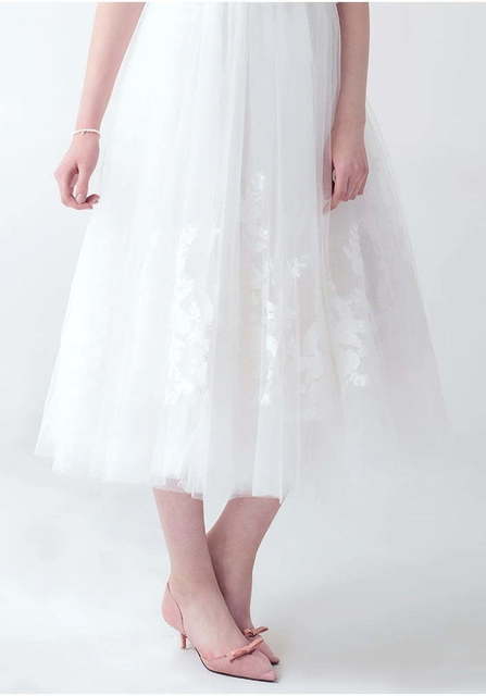 Свадебное платье миди юбка ниже колена. Силуэт А-силуэт. Цвет Белый / Молочный. Вид 6