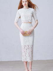 Кружевной белый топ и юбка Lace Set. Силуэт Прямое. Цвет Белый / Молочный. Вид 1