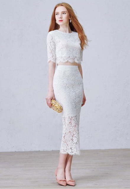 Кружевной белый топ и юбка Lace Set. Силуэт Прямое. Цвет Белый / Молочный. Вид 2