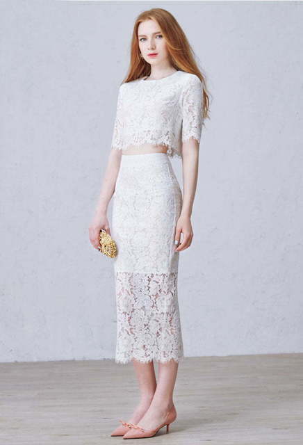 Кружевной белый топ и юбка Lace Set. Силуэт Прямое. Цвет Белый / Молочный. Вид 3