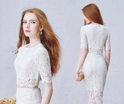 Кружевной белый топ и юбка Lace Set. Силуэт Прямое. Цвет Белый / Молочный. Вид 5