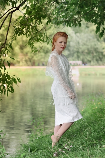 Свадебное платье из жакарда. Силуэт А-силуэт, Прямое. Цвет Айвори / Капучино. Вид 3