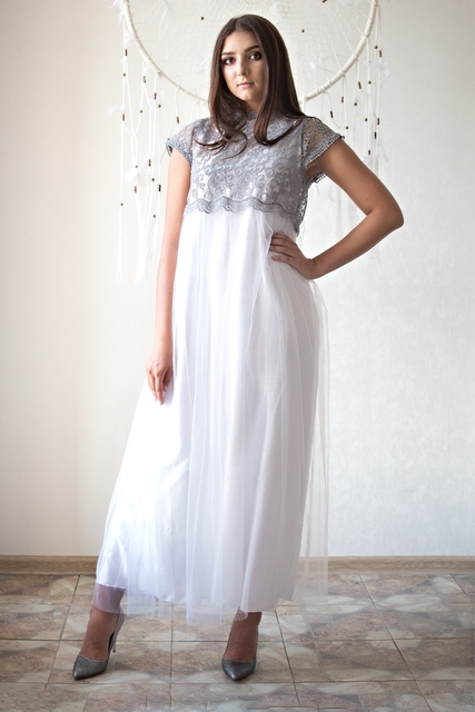Свадебное платье из шёлка. Силуэт Прямое, Греческий. Цвет Белый / Молочный, Пепельный / Металлик. Вид 1