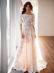 Свадебное платье Дженни. Силуэт А-силуэт. Цвет Персик / Оранжевый. Вид 1