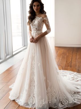 Свадебное платье Кэри. Силуэт А-силуэт. Цвет Айвори / Капучино. Вид 1