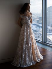 Свадебное платье Летиция. Силуэт А-силуэт. Цвет Айвори / Капучино. Вид 1