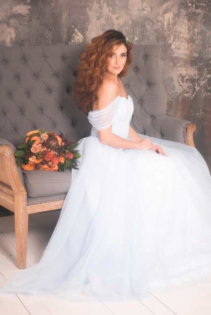 Свадебное платье Джулия. Силуэт А-силуэт. Цвет Белый / Молочный, Голубой / Синий. Вид 6