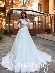 Свадебное платье 21004. Силуэт А-силуэт. Цвет Белый / Молочный, Персик / Оранжевый, Голубой / Синий. Вид 1