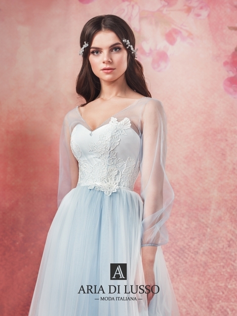 Свадебное платье Муза. Силуэт А-силуэт. Цвет Белый / Молочный, Голубой / Синий. Вид 3