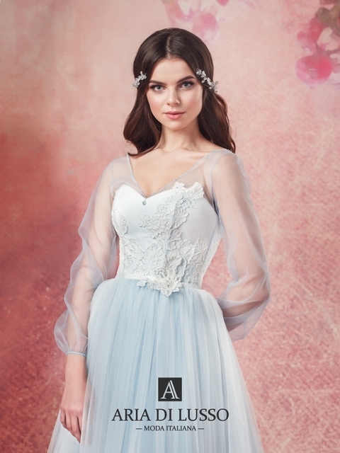 Свадебное платье Муза. Силуэт А-силуэт. Цвет Белый / Молочный, Голубой / Синий. Вид 4